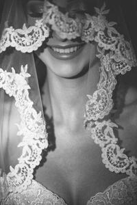 Umelecká fotografie Smiling bride under the elegant translucent veil, Victor Dyomin, (26.7 x 40 cm)