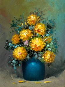 Ilustrácia Chrysanthemum Bouquet in Blue Vase Oil Painting, Dan Totilca, (30 x 40 cm)