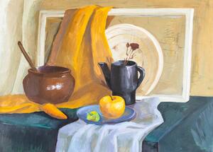 Ilustrácia still life with pot, kettle, carrot and apples, VvoeVale, (40 x 30 cm)