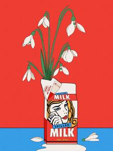 Ilustrácia Snowdrops in Spilled Milk Carton Retro Illustration, Retrodrome, (30 x 40 cm)
