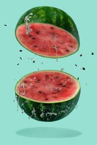 Umelecká fotografie Watermelon sliced flying on pastel green, Amax Photo, (26.7 x 40 cm)