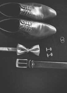 Umelecká fotografie Black man's shoes, cufflinks, wedding rings,, Nadtochiy, (26.7 x 40 cm)