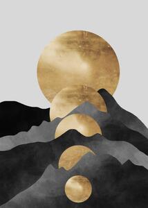Ilustrácia Abstract art golden mountains, traditional oriental, Luzhi Li