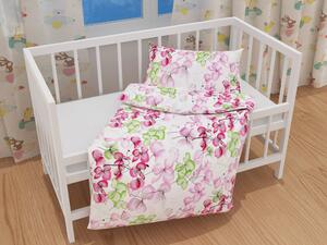 Biante Detské bavlnené posteľné obliečky do postieľky Sandra SA-366 Ružovo-zelené kvety na bielom Do postieľky 90x120 a 40x60 cm