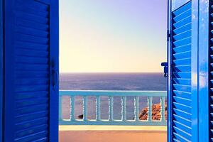 Umelecká fotografie Blue Shutters Open onto Sea and Sky at Dawn, Ekspansio, (40 x 26.7 cm)