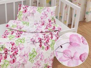Biante Detské bavlnené posteľné obliečky do postieľky Sandra SA-366 Ružovo-zelené kvety na bielom Do postieľky 90x130 a 40x60 cm