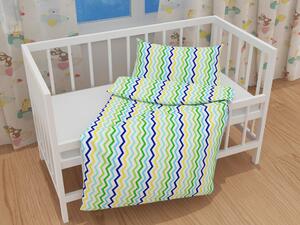 Biante Detské bavlnené posteľné obliečky do postieľky Sandra SA-378 Zeleno-modro-žlté cik-cak pásiky Do postieľky 90x140 a 50x70 cm