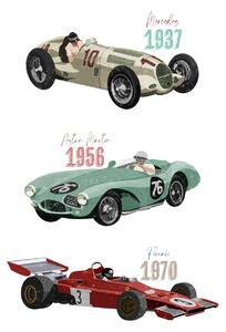 Ilustrácia Vintage Racecars, Goed Blauw, (30 x 40 cm)