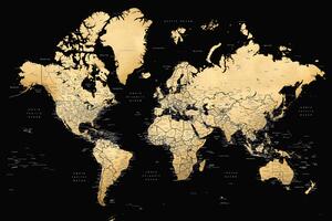 Mapa Black and gold detailed world map with cities, Eleni, Blursbyai, (40 x 26.7 cm)