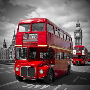 Umelecká tlač LONDON Red Buses on Westminster Bridge, Melanie Viola, (40 x 40 cm)