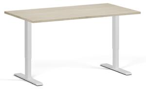 Výškovo nastaviteľný stôl, 140x80 cm, 1 motor, biela podnož, dub prírodný