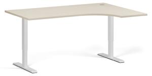 Rohový výškovo nastaviteľný stôl, 160x120 cm, 1 motor, L/P, biela podnož, breza
