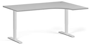 Rohový výškovo nastaviteľný stôl, 160x120 cm, 1 motor, L/P, biela podnož, sivá