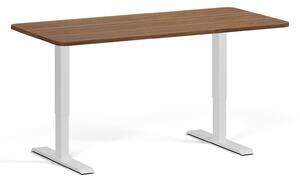 Výškovo nastaviteľný stôl, 160x80 cm, 1 motor, zaoblené rohy, biela podnož, orech
