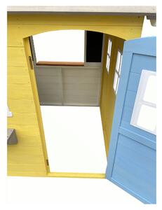 KONDELA Drevený záhradný domček pre deti, biela/sivá/žltá/modrá, NESKO
