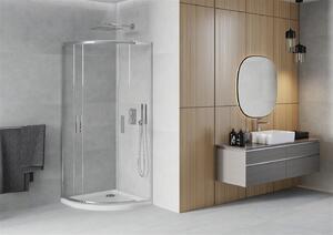 Mexen Rio, štvrťkruhový sprchovací kút s posuvnými dverami 90 x 90 cm, 5mm číre sklo, chrómový profil + biela sprchová vanička, 863-090-090-01-00-4110