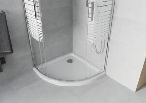 Mexen Rio, štvrťkruhový sprchovací kút s posuvnými dverami 80 x 80 cm, 5mm číre sklo/pásy, chrómový profil + biela sprchová vanička, 863-080-080-01-20-4110