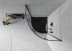 Mexen Rio, štvrťkruhový sprchovací kút s posuvnými dverami 90 x 90 cm, 5mm číre sklo, čierny profil + čierna sprchová vanička, 863-090-090-70-00-4170B