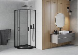 Mexen Rio, štvrťkruhový sprchovací kút s posuvnými dverami 90 x 90 cm, 5mm číre sklo, čierny profil + čierna sprchová vanička, 863-090-090-70-00-4170B