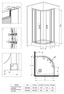 Deante Funkia, štvrťkruhový sprchový kút s posuvnými dverami 90x90 cm, výška 185cm, 5mm sklo námraza, chrómový profil, KYP_651K