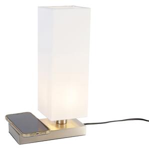 Oceľová stolná lampa s bielym tienidlom s dotykovou a indukčnou nabíjačkou - Romina