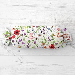 Biante Vankúš valec bonbon Sandra SA-608 Červeno-fialové lúčne kvety s motýlikmi a čmeliakmi na bielom 15x40 cm