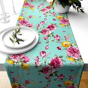 Ervi bavlnený behúň na stôl - Ružové kvety na tyrkysovom
