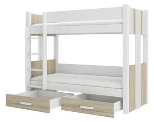 Detská poschodová posteľ ARTA, 90x200, biela/dub sonoma