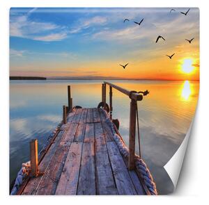 Fototapeta Západ slnka nad jazerom a lietajúce vtáky Materiál: Vliesová, Rozmery: 100 x 100 cm