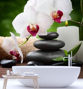 Fototapeta Orchidea, sviečka a zenové kamene v kúpeľoch Materiál: Vliesová, Rozmery: 100 x 100 cm