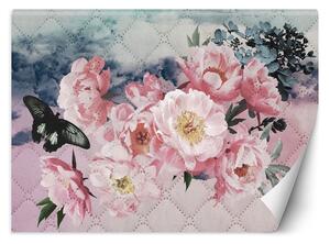 Fototapeta Kvety pivonky a motýľa na prešívanej pastelovej textúre Materiál: Vliesová, Rozmery: 200 x 140 cm