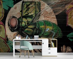 Fototapeta Zelená mucha a mesiac - graffiti na stene Materiál: Vliesová, Veľkosť: 100 x 70 cm