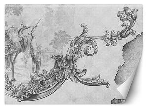 Fototapeta Divoké vtáky a listy na orientálnej freske, čiernobiele Materiál: Vliesová, Rozmery: 200 x 140 cm
