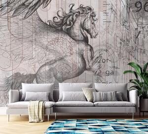 Fototapeta Pegasus - vystrašený kôň na abstraktnej grafike Materiál: Vliesová, Rozmery: 300 x 210 cm