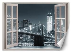 Fototapeta Okno - New York City Brooklyn Bridge v čiernej a bielej farbe Materiál: Vliesová, Rozmery: 140 x 100 cm