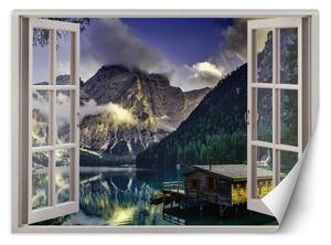 Fototapeta Okno - pohľad na jazero v horách Materiál: Vliesová, Rozmery: 140 x 100 cm