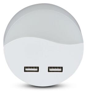 V-TAC Okrúhle LED nočné svetlo do zásuvky 0,5W s USB portom SAMSUNG čipy, Teplá biela 2500 - 3000K