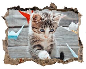 Díra 3D fototapeta Mačka s papierovými vtákmi
