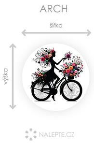 Nalepte.cz Kvetinové dievča na bicykli textilní prelepiteľné nálepky na stenu arch 20 x 20 cm