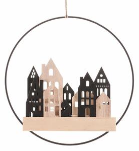 Závesná LED dekorácia Domčeky v kruhu čierna, pr. 28 cm