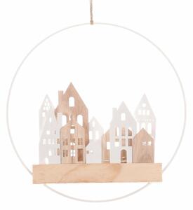 Závesná LED dekorácia Domčeky v kruhu biela, pr. 28 cm
