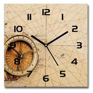 Sklenené nástenné hodiny štvorec Kompas na mape