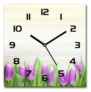 Sklenené hodiny štvorec Fialové tulipány