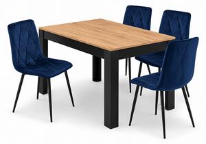 Jedálenský set: NP 120×80 cm dub craft/čierna + 4 ks stoličiek DORA tmavomodrá/čierne nohy