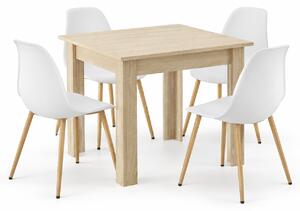 Jedálenský set: Stôl NP 80×80 cm sonoma + 4 ks WAT stoličky, biele/prírodné nohy