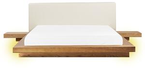 Posteľ v japonskom štýle prírodný jaseň 160 x 200 cm nízky drevený rám postele z MDF koženkové čelo LED podsvietenie nočné stolíky