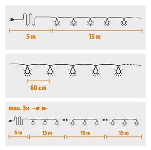 SOLIGHT LED vonkajšia reťaz s žiarovkami, 25 žiaroviek, 15m +5m, 20W, teplá biela