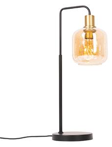 Dizajnová stolná lampa čierna s mosadzou a jantárovým sklom - Zuzanna