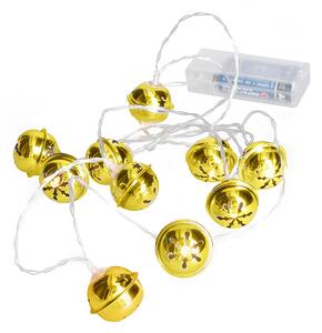 SOLIGHT LED vianočná reťaz rolničky, 10x LED, zlatá, 1,5m, 2x AA
