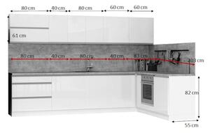 Rohová kuchyňa pravý roh 323x203 cm (biela vysoký lesk/betón)